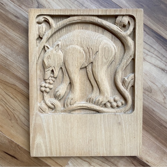 signed Evelyn Ackerman Era Industries MCM 60s wood cut wolf bear eating grapes